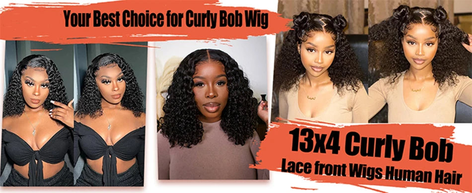 100% Brazilian Curly Lace Front Wig – Glueless Short Bob Deep Water Wave 13×4 HD Lace Frontal Human Hair Wig