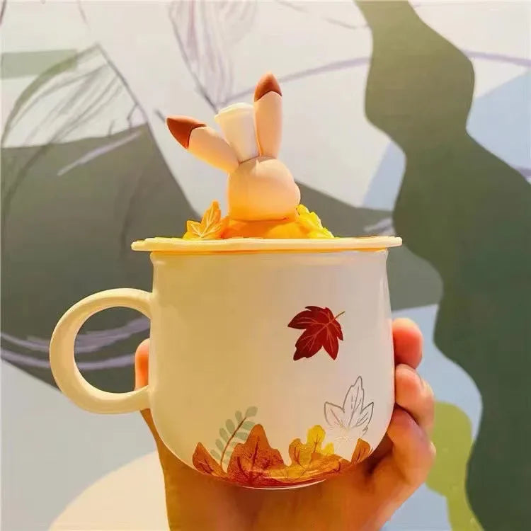 Autumn Forest Animal Ceramic Mug with Lid – Cute Fox, Rabbit & Squirrel Cup