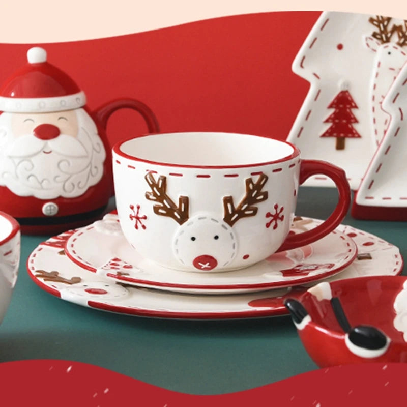 Christmas Ceramic Dinnerware Set – Santa, Snowman, and Tree Plates, Mugs & Bowls for Festive Holiday Table Decor