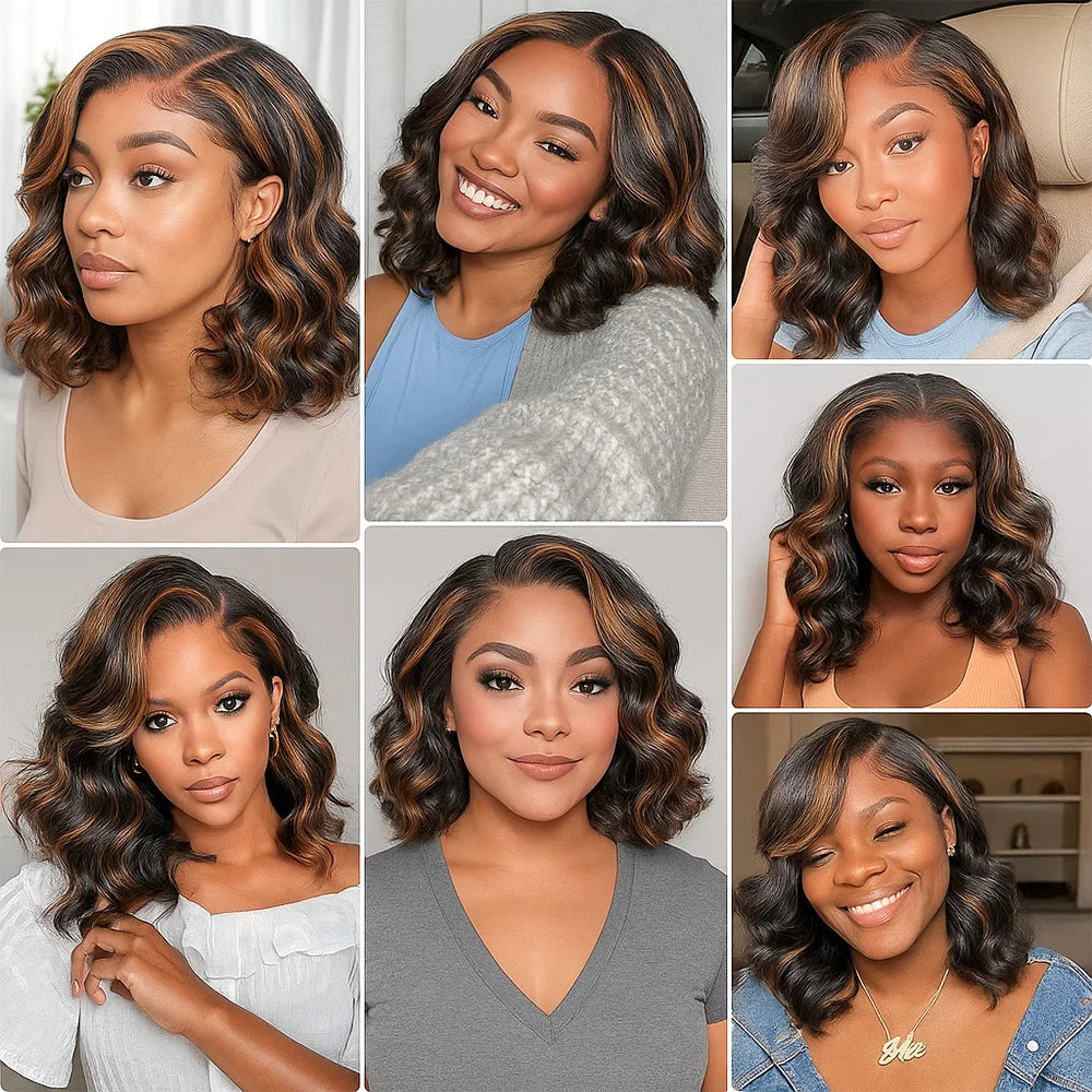 1B/30 Highlight Ombre Short Bob Wig – 13x4 HD Transparent Lace Frontal, Human Hair, Body Wave, 16 Inch