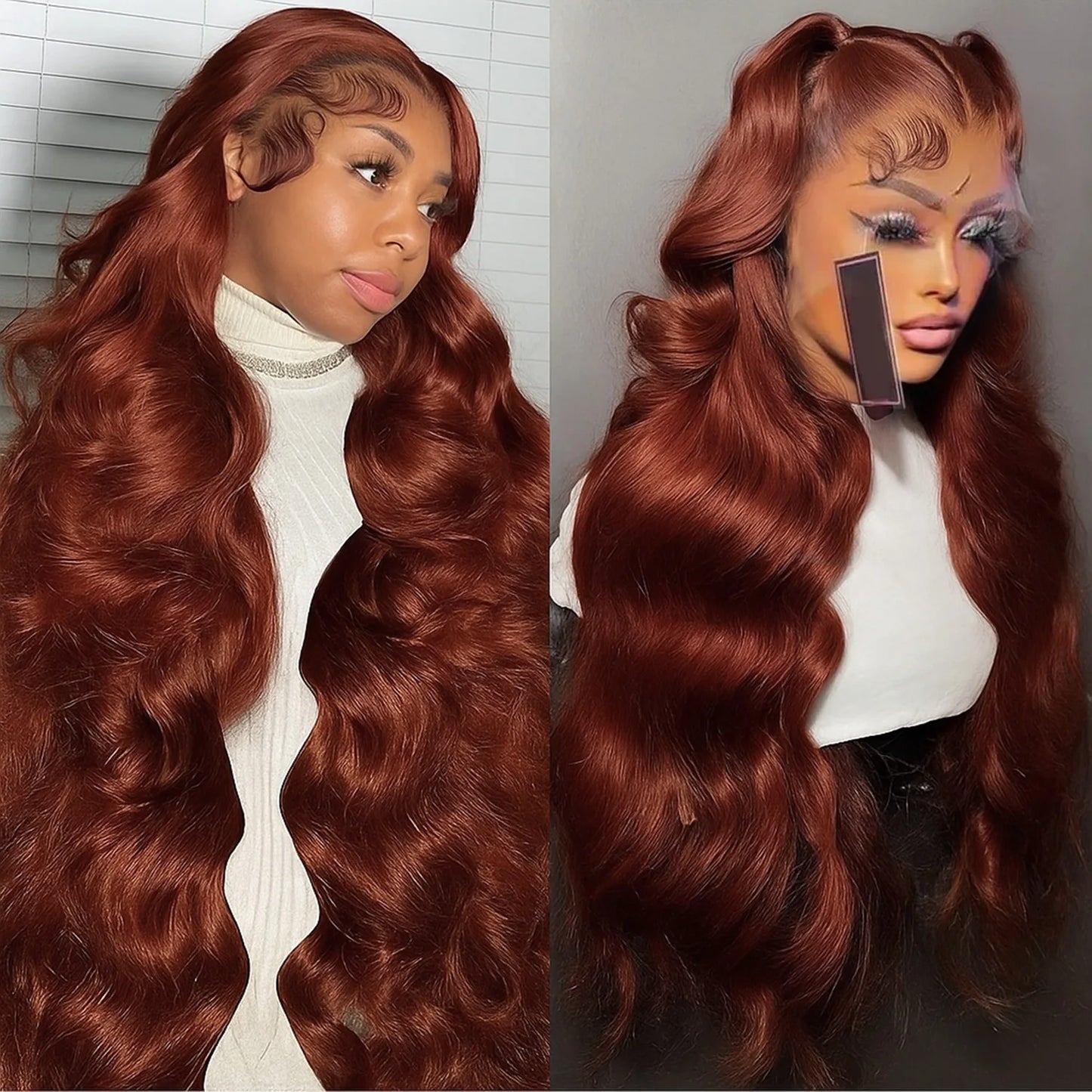 13x4 Reddish Brown Body Wave HD Transparent Lace Front Human Hair Wig #33