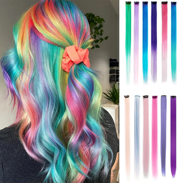 Colored Party Highlight Clip-In Hair Extensions | Synthetic Straight | 6pcs 70g | 22 Inch | Multi-Color