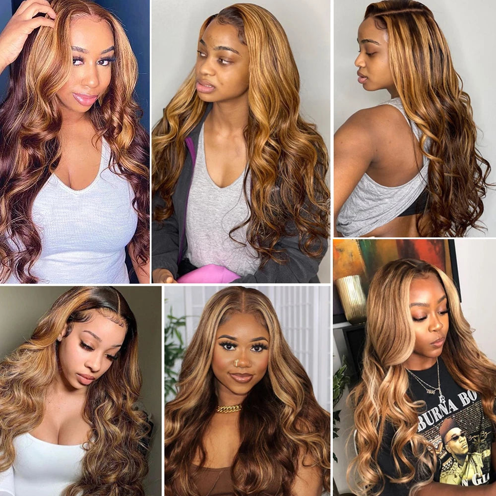 Honey Blonde Highlight Body Wave Wig – 13x6 HD Lace Frontal & 4x4/5x5 Closure, 100% Brazilian Human Hair (26"+)