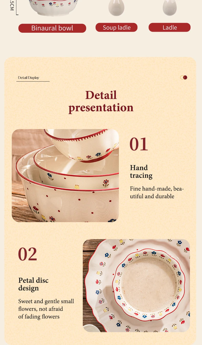 Vintage Floral Ceramic Dinnerware Set – Retro Soup Bowls, Salad & Pasta Plates, Microwave Safe Porcelain Tableware