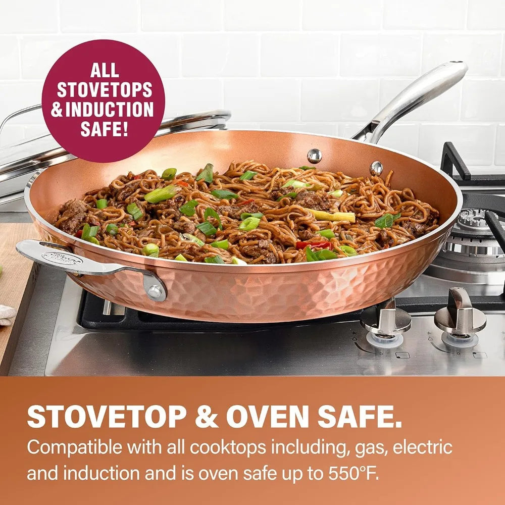 Gotham Steel 14" Hammered Copper Frying Pan – Nonstick Ceramic, Induction Base