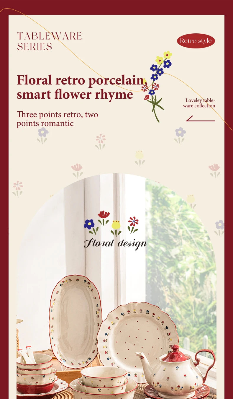 Vintage Floral Ceramic Dinnerware Set – Retro Soup Bowls, Salad & Pasta Plates, Microwave Safe Porcelain Tableware