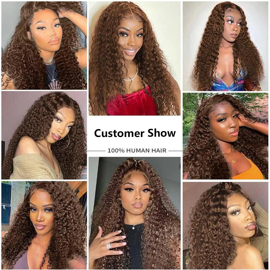 Chocolate Brown Deep Wave Curly HD Lace Front Human Hair Wig (13x6 / 13x4, Long Length)