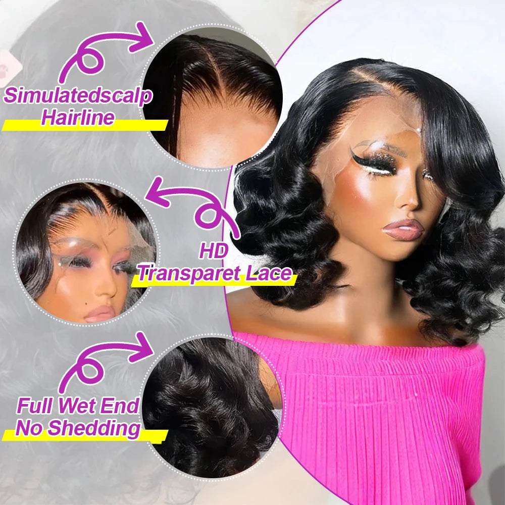Body Wave HD Lace Frontal Wig 250% Density – Short Bob Human Hair Wig, Glueless 13x4 & 13x6 Transparent Lace, Natural Shine, Premium Salon Look