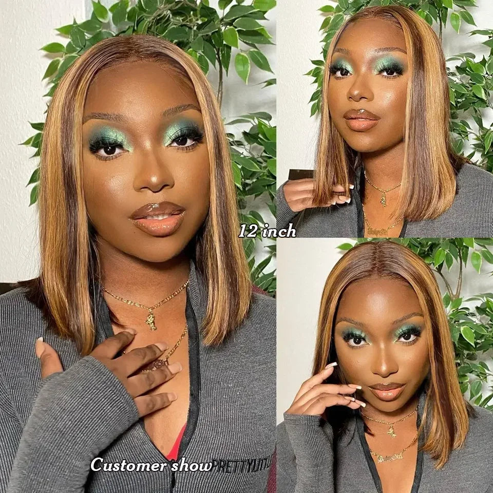 4/27 Ombre Highlight Straight Bob Human Hair Wig 13x4 Transparent Lace Front (Remy, Pre-Plucked)