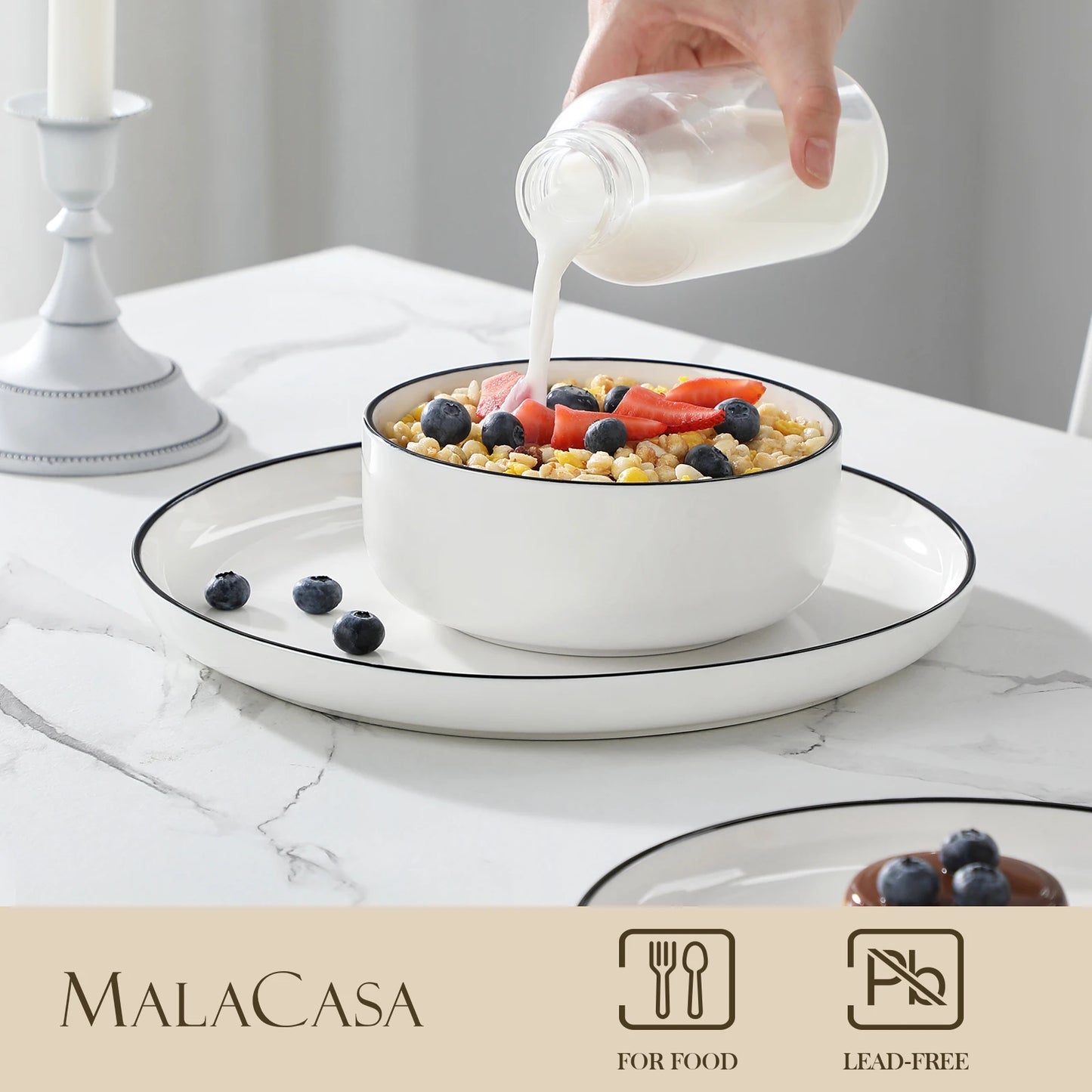 MALACASA 12/24-Piece Porcelain Dinnerware Set – Black Rim Ceramic Plates & Bowls for 4 Person Dining