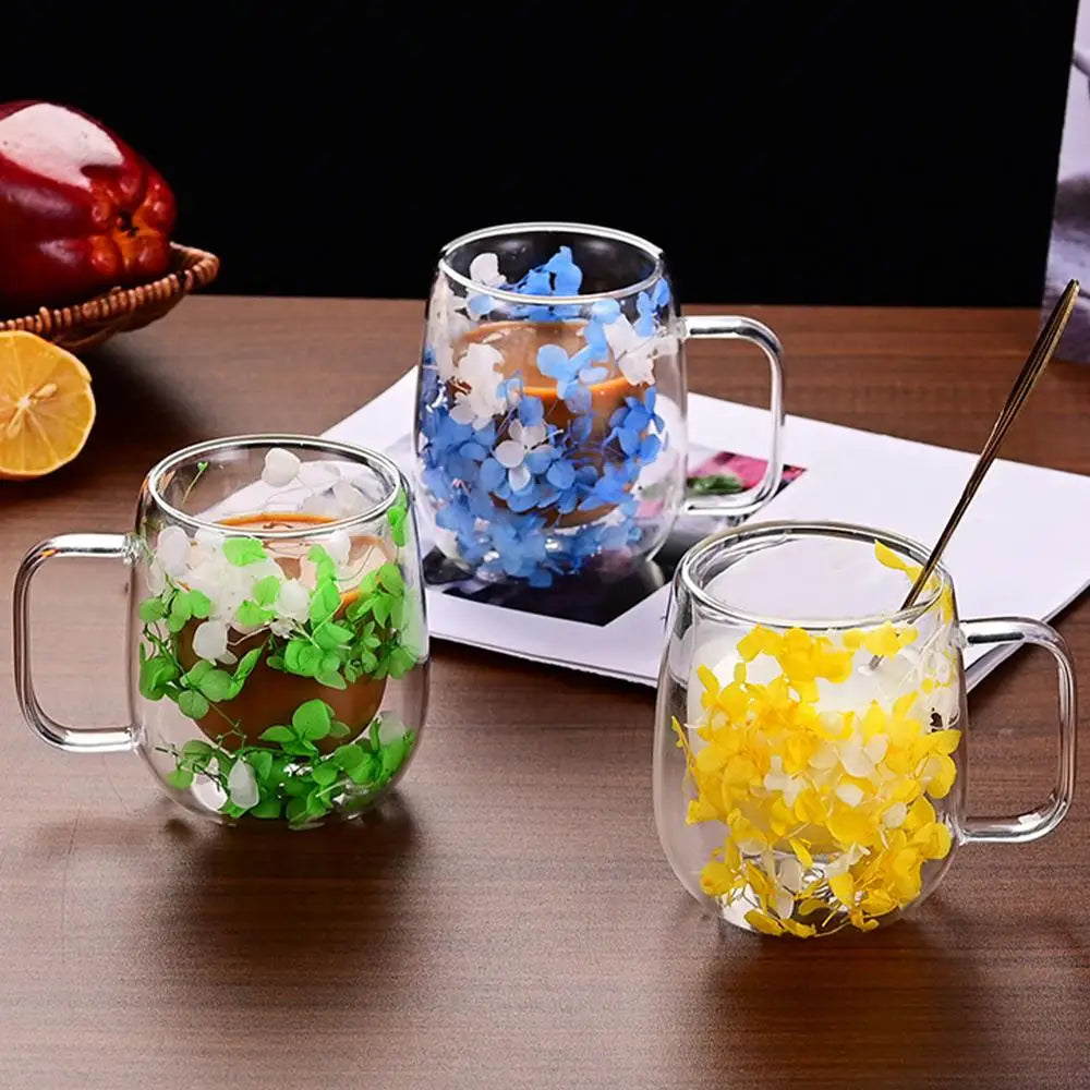 🌸 Double Wall Glass Cup 200ml – Clear Dried Flower Coffee & Tea Mug with Handle