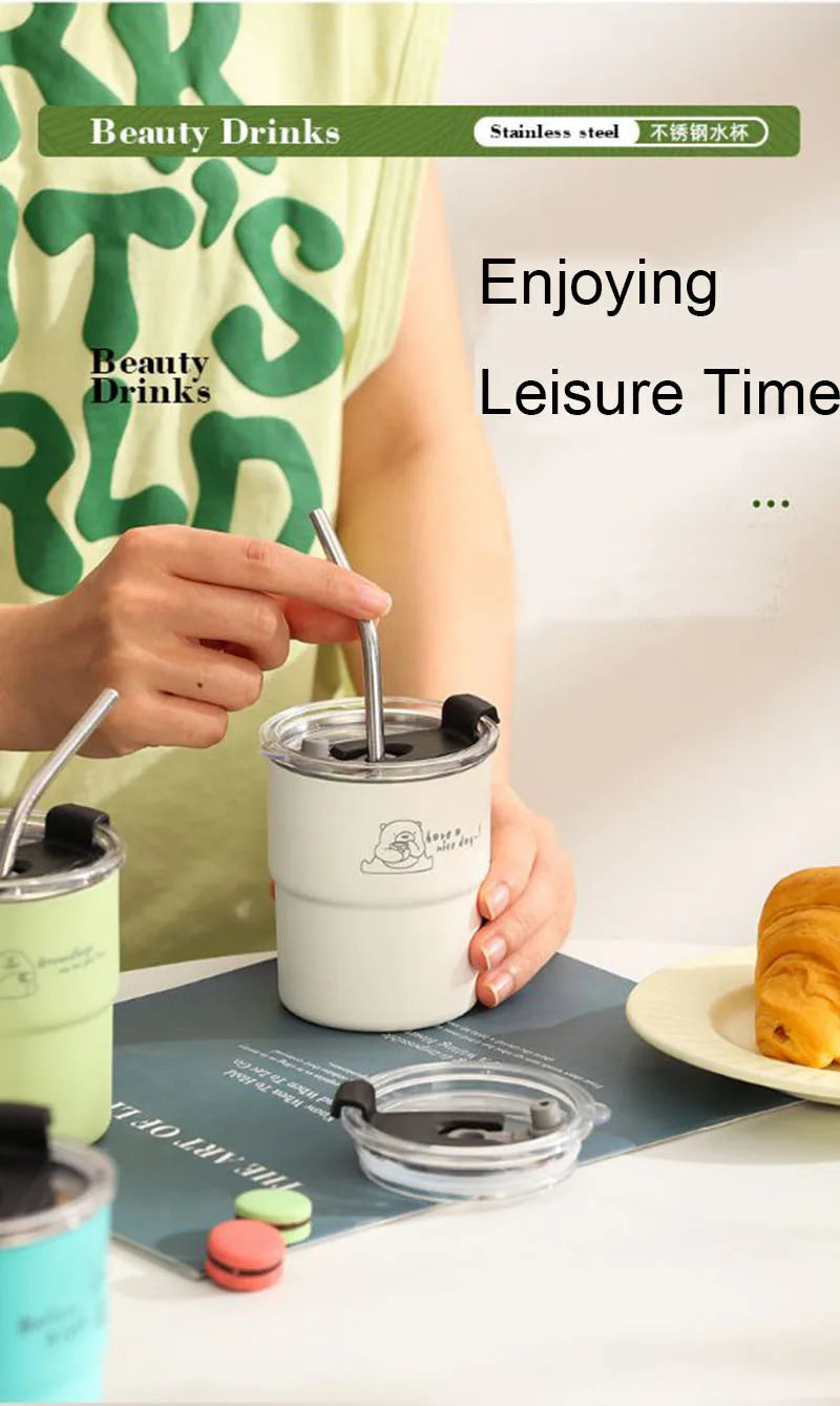 300ml Stainless Steel Tumbler with Straw & Lid – Portable Coffee Travel Mug