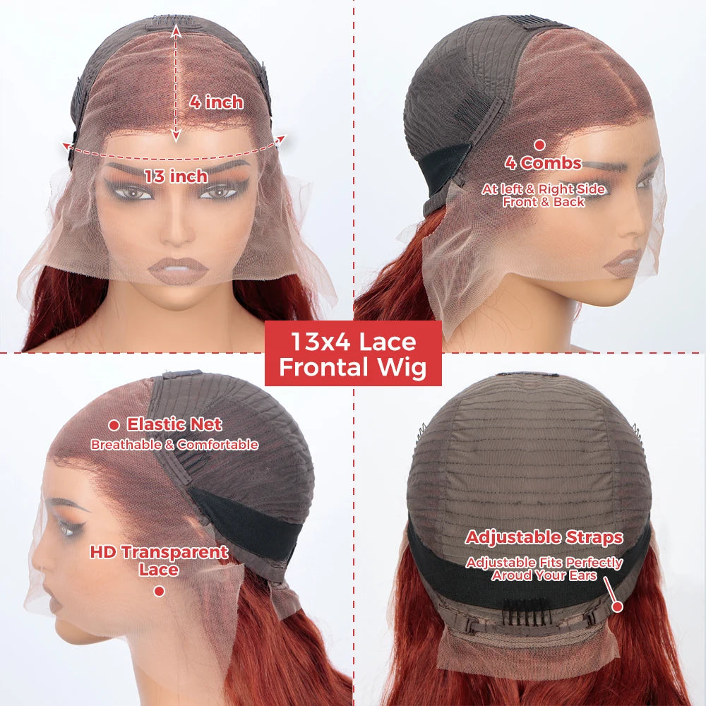 13x4 Reddish Brown Body Wave HD Transparent Lace Front Human Hair Wig #33
