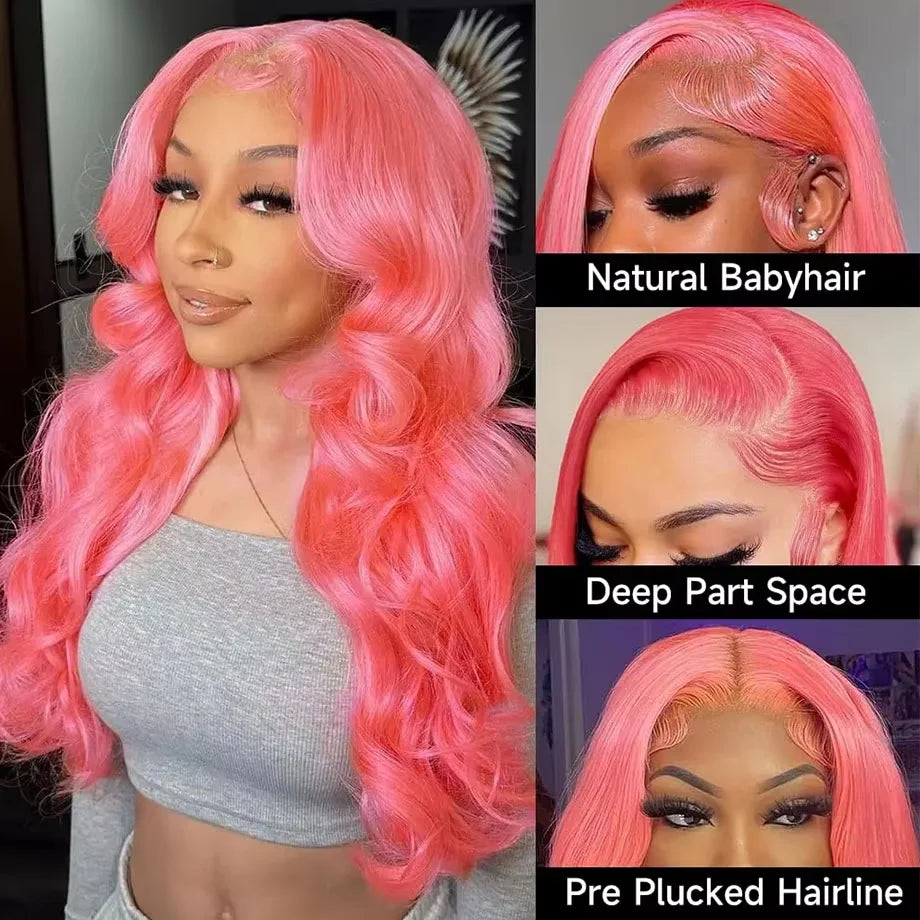 13x6 HD Lace Front Light Pink Body Wave Wig | 100% Human Hair Long Wig for Women