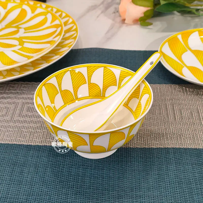 European Style Bone China Tableware Set – Sunshine Geometric Steak Plate & Cup Gift Set for Elegant Dining