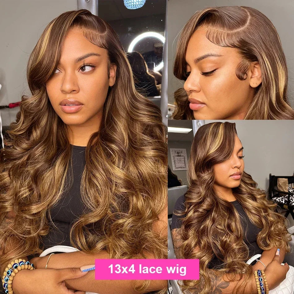 Honey Blonde Highlight Body Wave Wig – 13x6 HD Lace Frontal & 4x4/5x5 Closure, 100% Brazilian Human Hair (26"+)