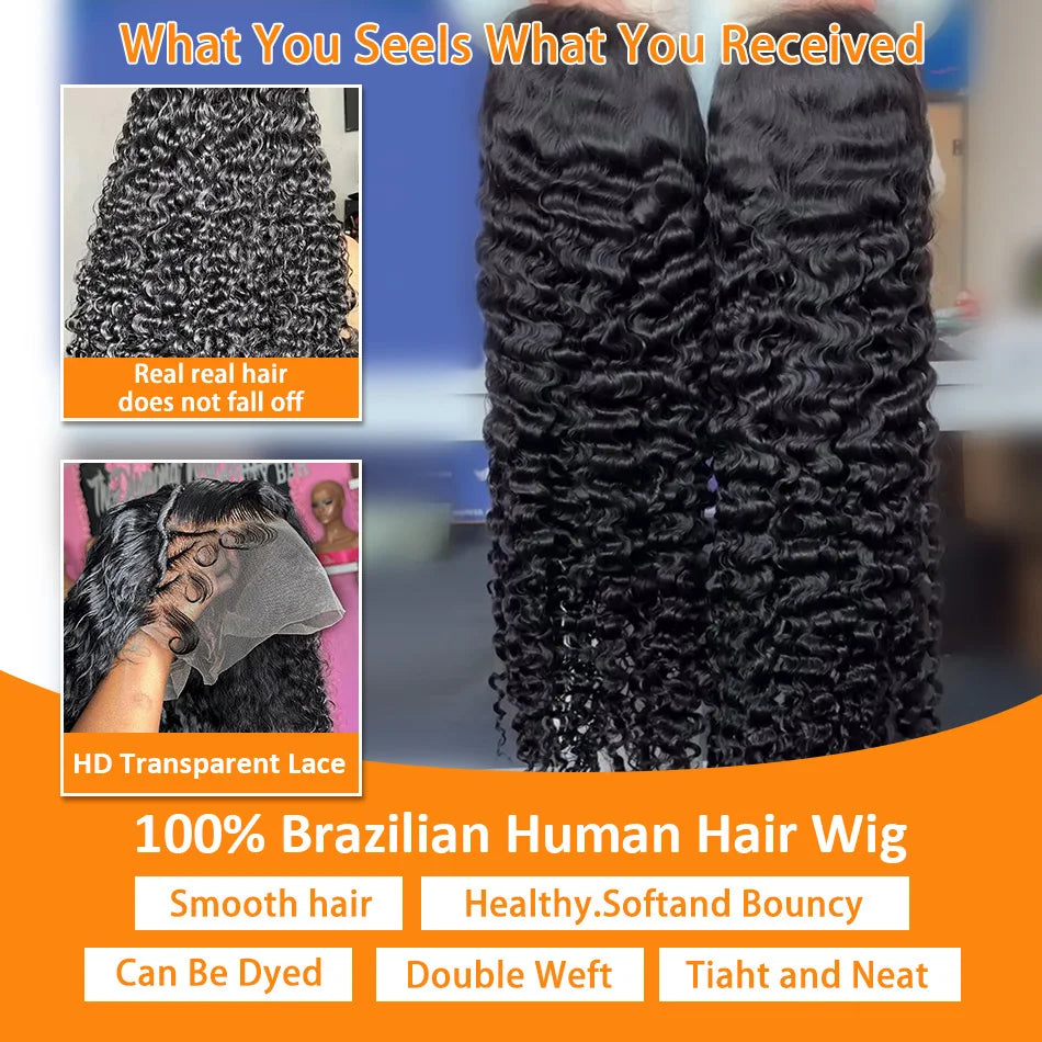 Brazilian Black Curly 13x6 HD Transparent Lace Front Wig (13x4 Option) – Remy Human Hair, 30–40 Inch