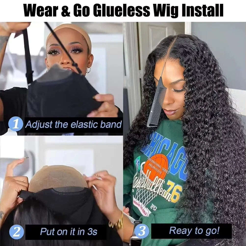 Wear & Go Glueless Pre-Cut Lace Curly Human Hair Wig – Pre-Plucked, Natural Black (26+ Inch)