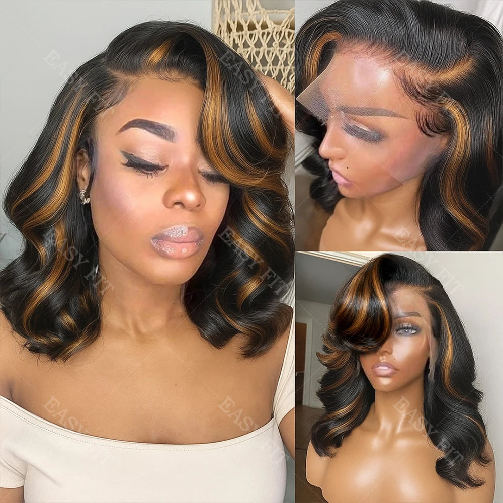 1B/30 Highlight Ombre Short Bob Wig – 13x4 HD Transparent Lace Frontal, Human Hair, Body Wave, 16 Inch