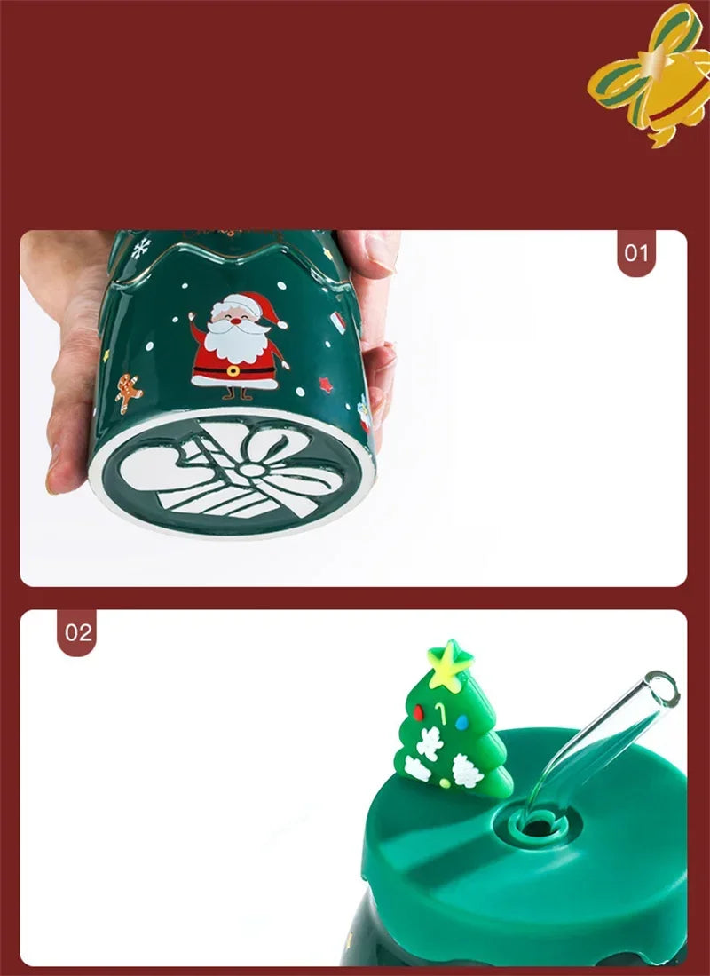 🎅 Christmas Ceramic Mug with Lid & Straw – Santa, Snowman & Tree Design Gift Cup