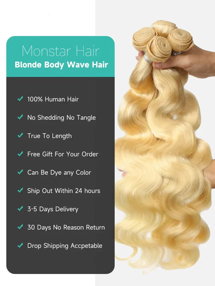613 Blonde Hair Bundles | Brazilian Body Wave Remy Human Hair Weave | 8"-40" | 1/3/4 Bundles