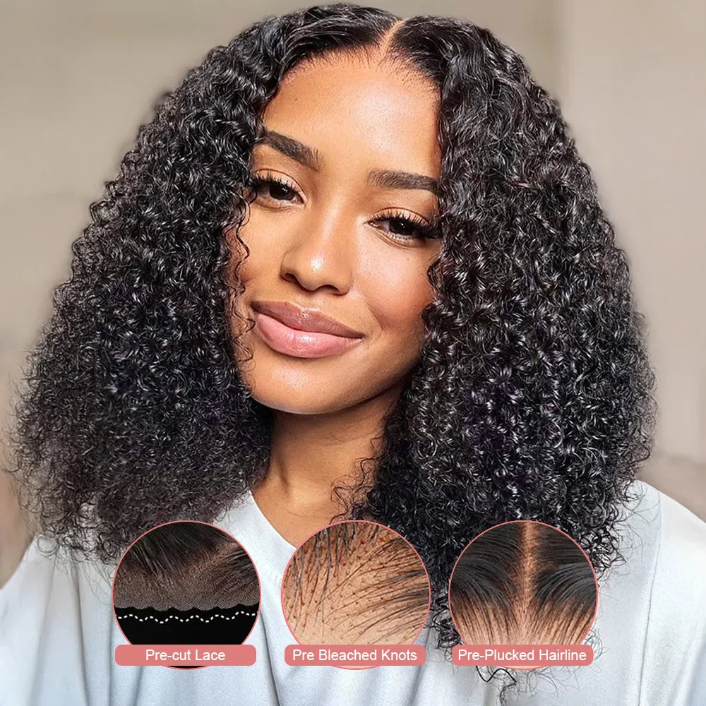 Deep Water Wave Curly Bob Human Hair Wig – 13x6 Transparent Lace Frontal, Glueless (7x5), 250% Density (12–14 Inch)