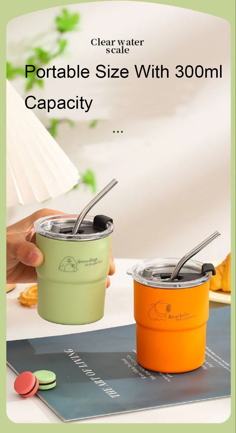 300ml Stainless Steel Tumbler with Straw & Lid – Portable Coffee Travel Mug