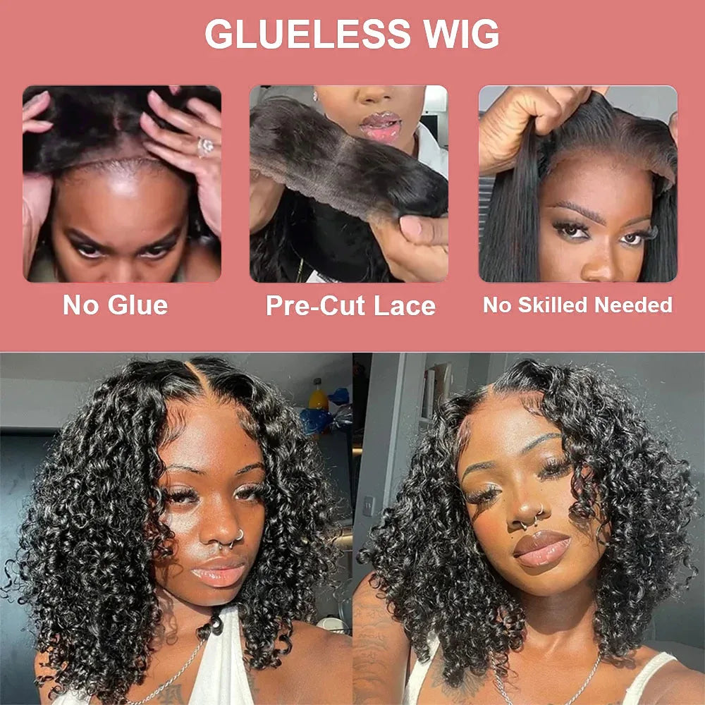 Deep Water Wave Curly Bob Human Hair Wig – 13x6 Transparent Lace Frontal, Glueless (7x5), 250% Density (12–14 Inch)