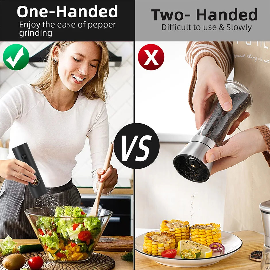 Electric Automatic Salt & Pepper Grinder Set with Base – Battery Powered, LED Light & Adjustable Coarseness