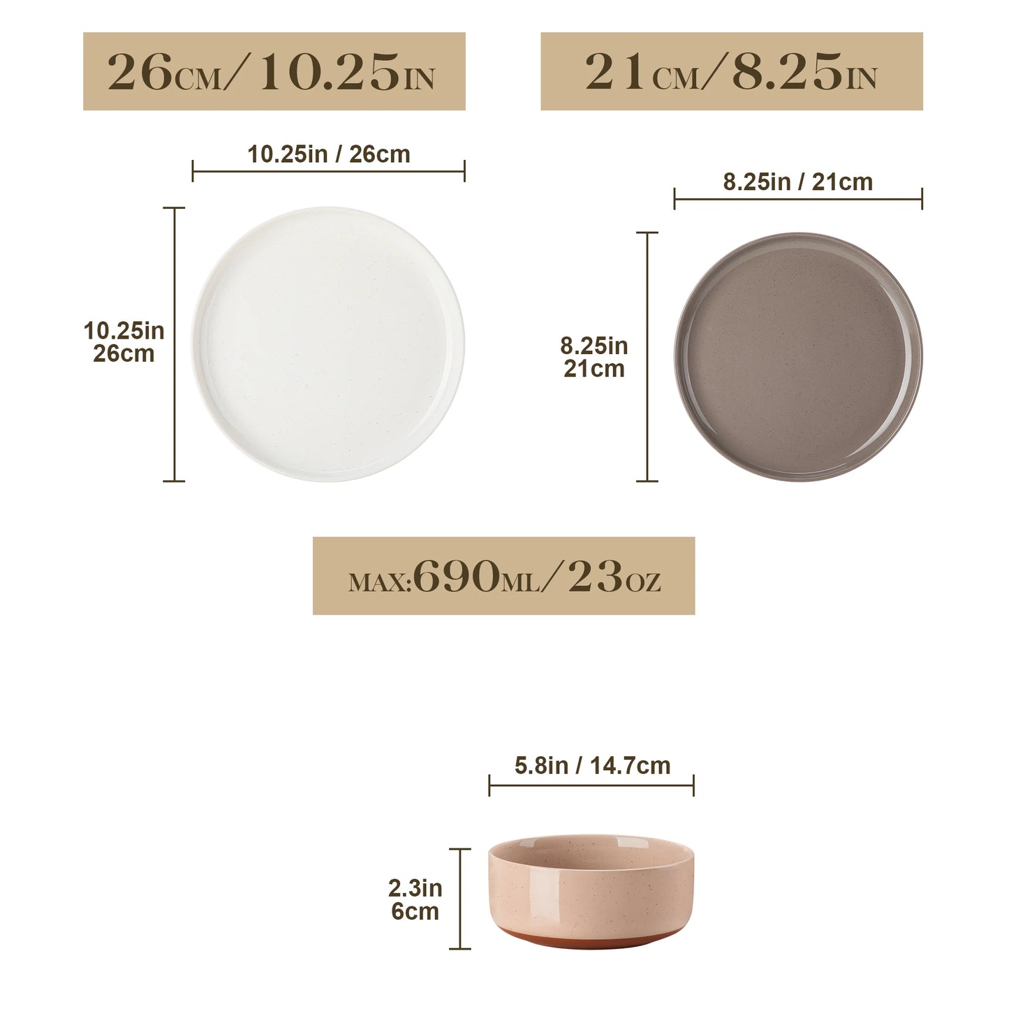 MALACASA TARA 12/24-Piece Stoneware Dinnerware Set – Curved Edge Sesame Glaze Plates & Bowls for 4/6 Person Dining