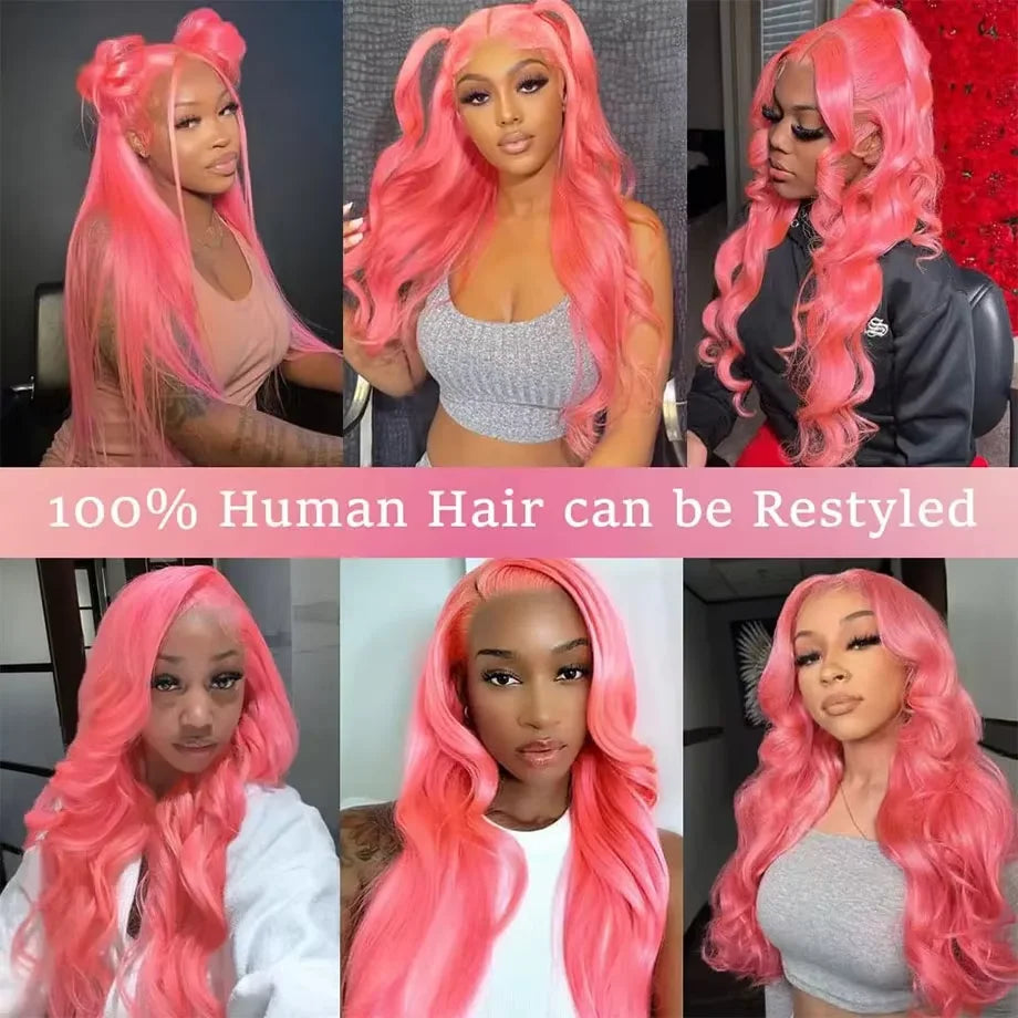 Light Pink 34–36” Body Wave HD Lace Front Human Hair Wig – Pre-Plucked, Transparent Lace, 100% Brazilian Human Hair