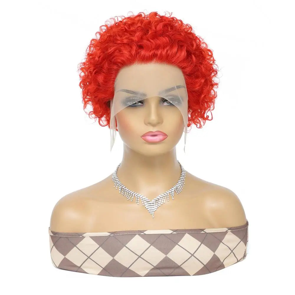 99J Burgundy Highlight Short Curly Pixie Cut Human Hair Lace Front Wig – Pre-Plucked 13×2 Bob Style