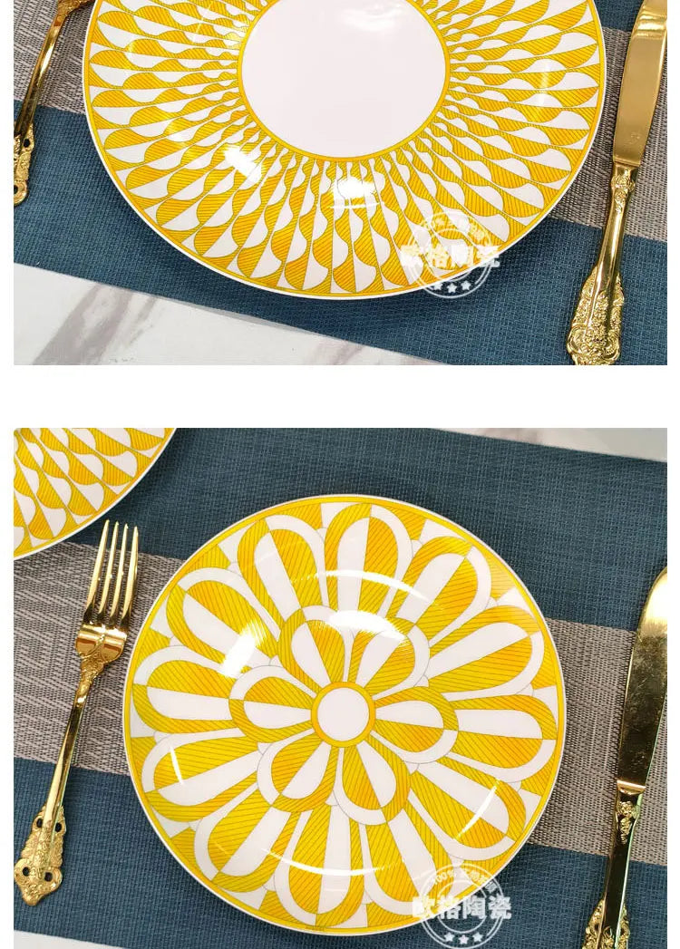 European Style Bone China Tableware Set – Sunshine Geometric Steak Plate & Cup Gift Set for Elegant Dining