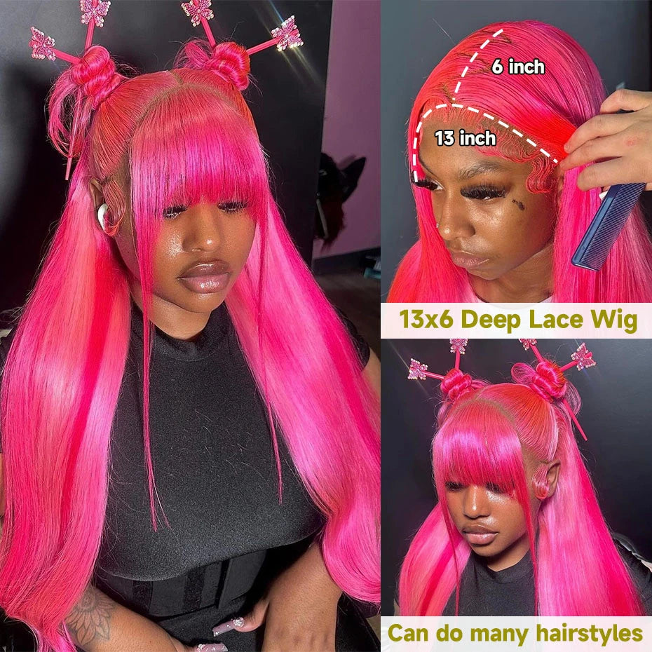 Pink HD Straight Lace Front Human Hair Wig 13x6 – Pre Plucked Baby Hair, 180% Density