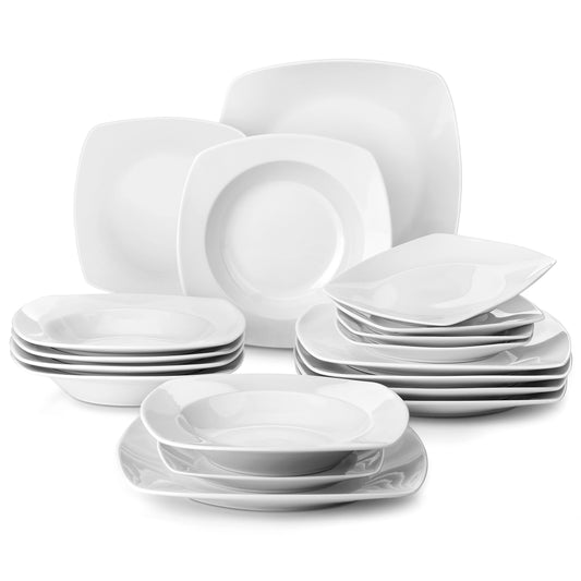MALACASA JULIA 18-Piece Porcelain Dinnerware Set | 6-Person Modern White Ceramic Plates – Dinner, Soup & Dessert Set