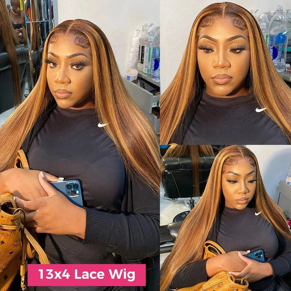 38" 4/27 Honey Blonde Ombre Straight HD Lace Front Human Hair Wig (13x6, Remy)