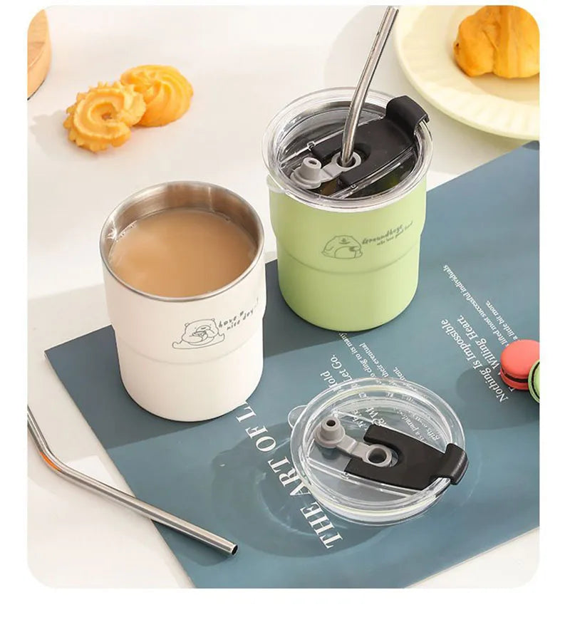 300ml Stainless Steel Tumbler with Straw & Lid – Portable Coffee Travel Mug