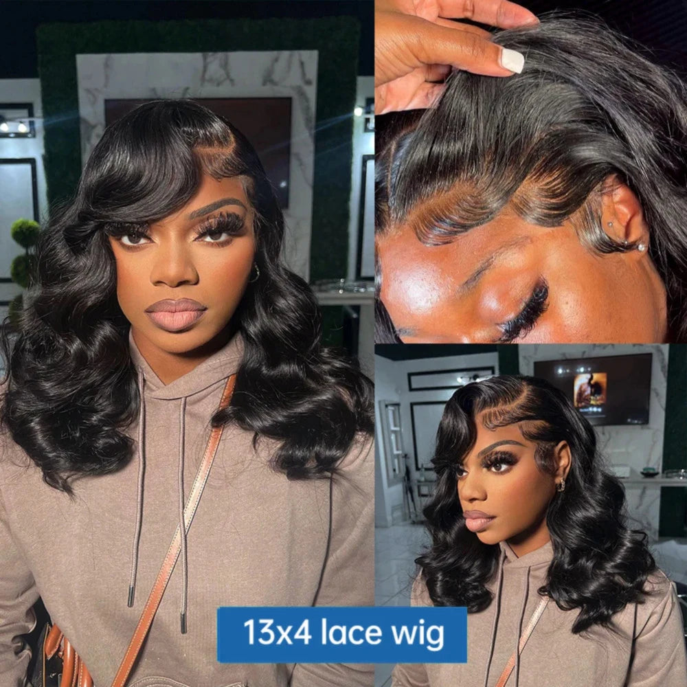 220% Density Body Wave Short Bob 13x4 HD Transparent Lace Front Human Hair Wig (1B Natural Black) – Pre-Plucked