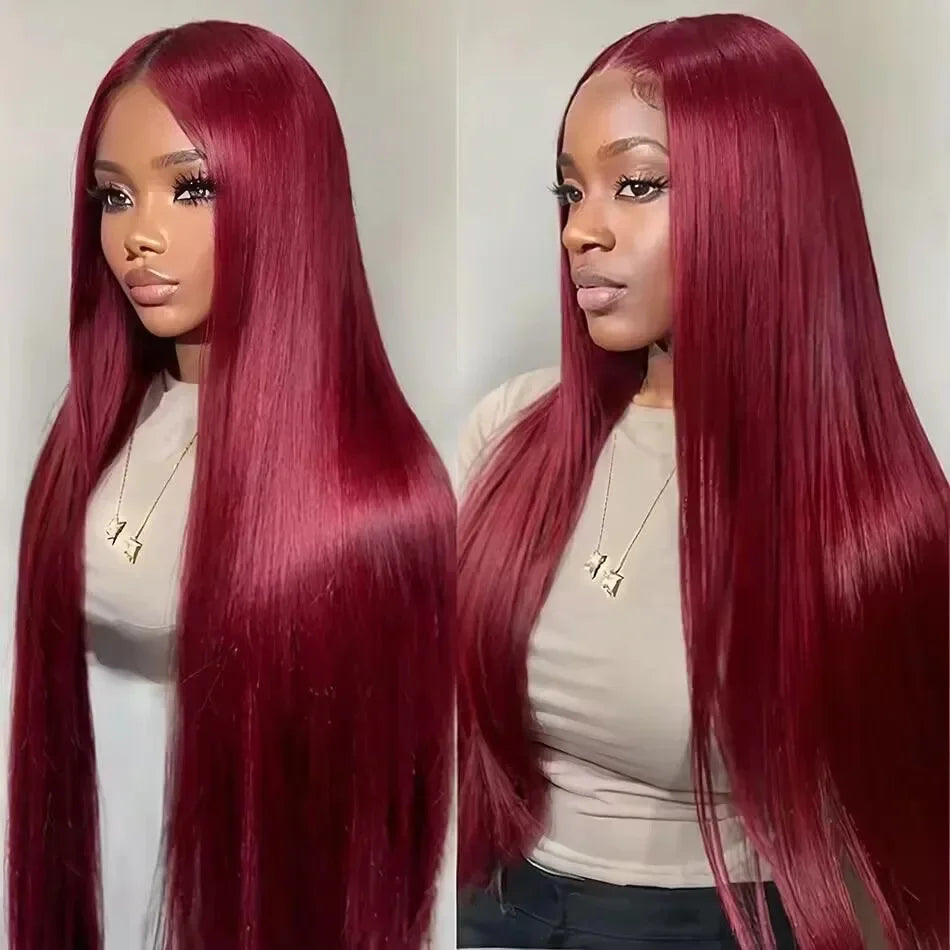 99J Burgundy Straight Lace Front Human Hair Wig – 13x4 / 13x6 HD Transparent, Glueless