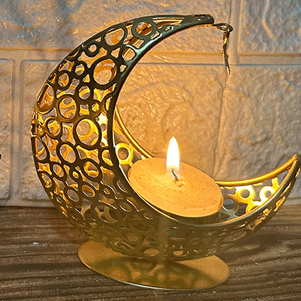 Eid Mubarak Moon Candle Holder – Ramadan Metal Candlestick for Home & Party Decor