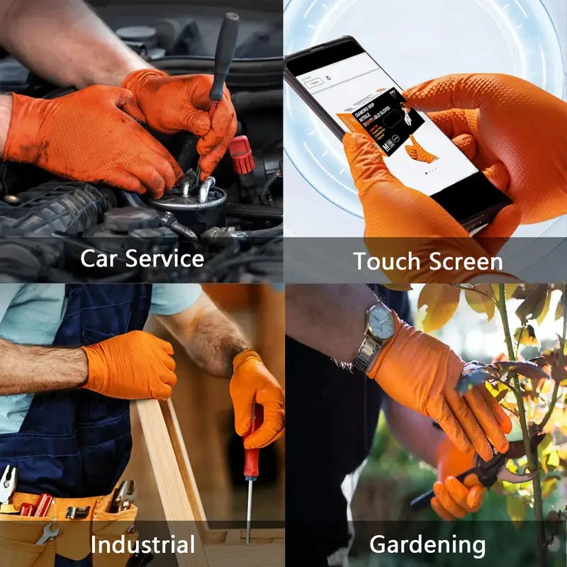 Heavy Duty 8Mil Orange Nitrile Gloves – Industrial Disposable Work Gloves with Diamond Grip for Mechanics & Cleaningg