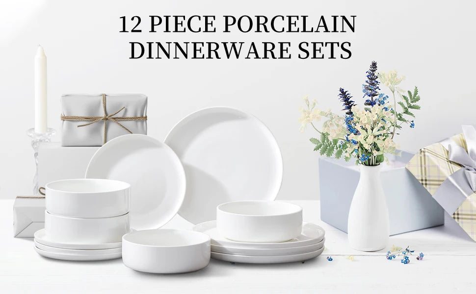 12-Piece White Porcelain Dinnerware Set – Plates & Bowls for 4, Microwave Safe