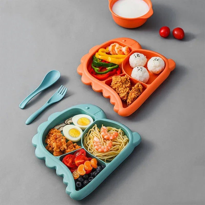 Dinosaur Baby Tableware Set – Large 3-Compartment Plate with Spoon & Fork for Balanced Meals