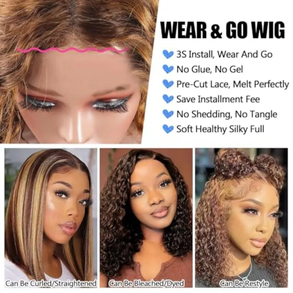 Deep Wave Bob Wig – 5x5 HD Lace Front, Glueless, 4/27 Ombre Highlight, 220% Density Human Hair