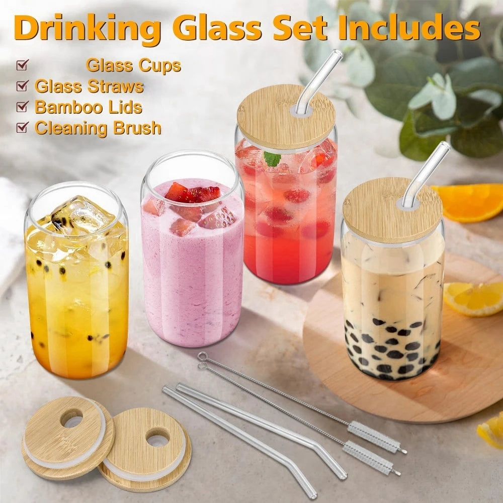 550ML Glass Cup with Wooden Lid & Straw – Clear Coffee & Juice Mug
