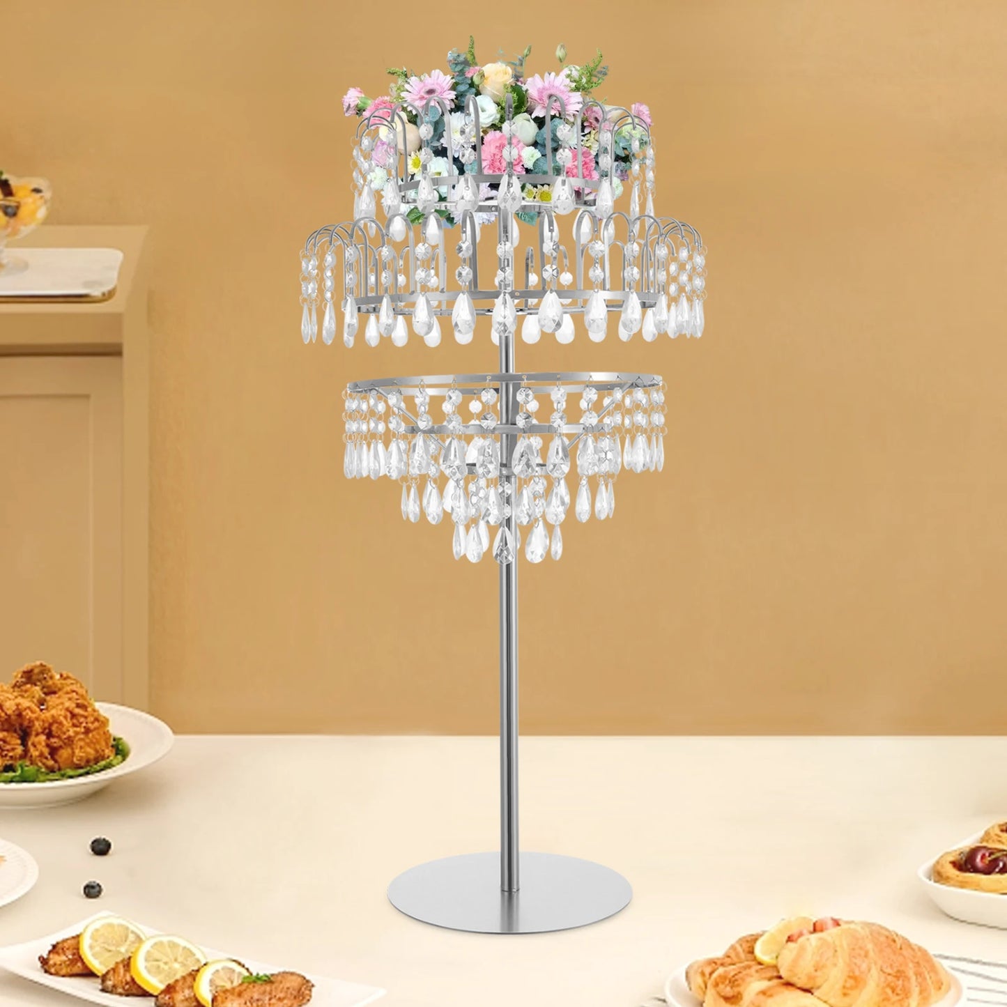 5-Tier Crystal Fountain Flower Stand – Silver & Gold Freestanding Centerpiece for Wedding, Party & Home Décor