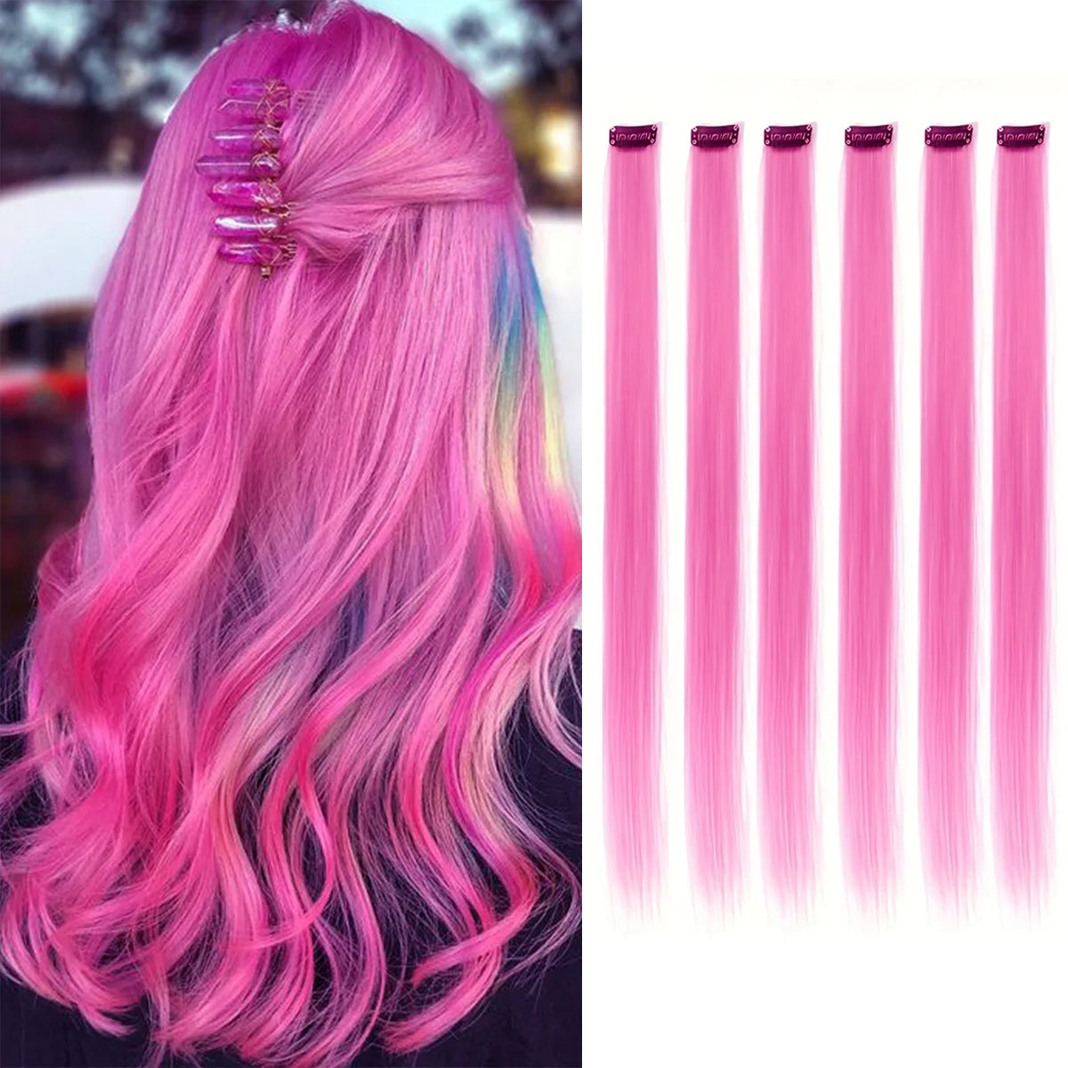 Colored Party Highlight Clip-In Hair Extensions | Synthetic Straight | 6pcs 70g | 22 Inch | Multi-Color