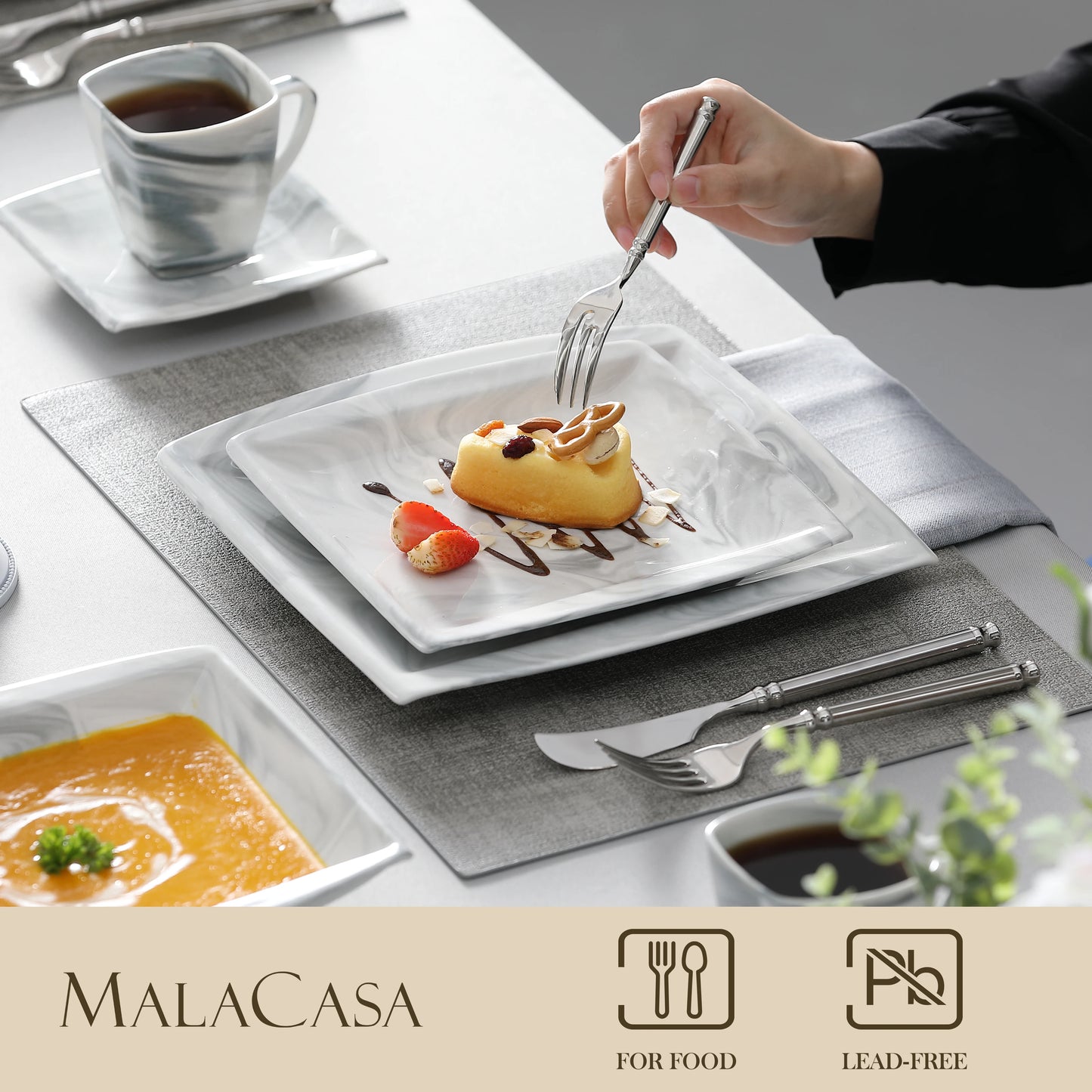 MALACASA 30/60-Piece Marble Grey Porcelain Dinnerware Set | Modern Tableware for 6–12 Persons with Plates, Cups & Saucers