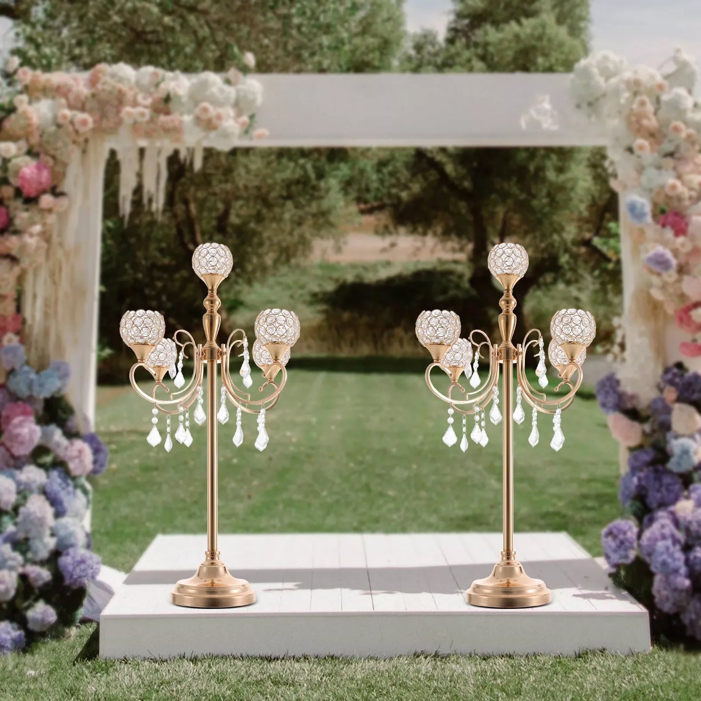 2PCS 5-Arm Crystal Candelabra Candle Holders – Gold Table Centerpieces for Weddings & Events