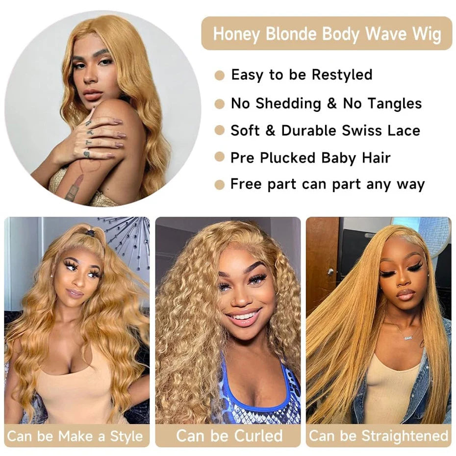 #27 Honey Blonde Body Wave Lace Front Wig – 13x6 HD Lace, Pre-Plucked, 200%/250% Density